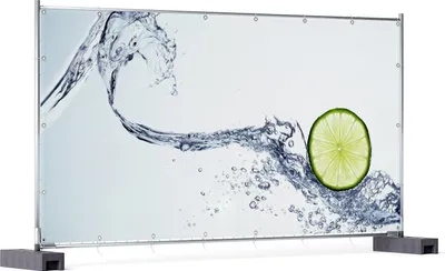 Produktbild von Wallario XXL Outdoor-Poster für Garten oder Balkon, Motiv Limettenscheibe in spritzigem Wasser, in ca. 340 x 173 cm