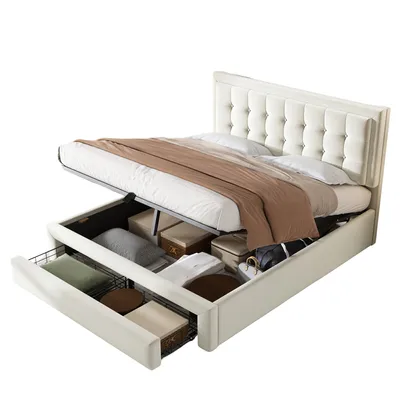 Produktbild von Polsterbett 140x200 cm, Doppelbett mit Lattenrost und Schublade, Kopfteil höhenverstellbar, Samtbezug