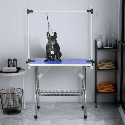 Produktbild von okwish Professioneller Hundepflegetisch Haustierpflegetisch mit  verstellbaren Pflegearm,Pflegetisch mit Gummikappe,Schertisch mit Netztablett  für Hunde/Katzen,Blau