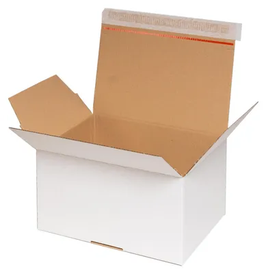 Produktbild von 10x Schnellaufrichtekarton 310x230x158mm Selbstklebeverschluss Aufreißfaden Automatikboden weiß A4+