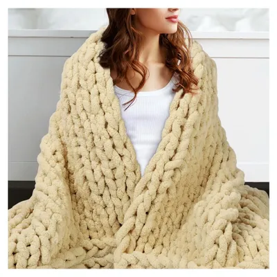 Produktbild von Chunky Knit Blanket, 127 x 152 cm Chenille Gestrickt Decke, wArm & Gemütlich, Hand Strickdecke, Grob Gestrickte Decke für Couch Bett