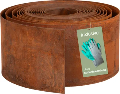 A roll of rusty metal garden edging is shown, with a tag indicating included gardening gloves.