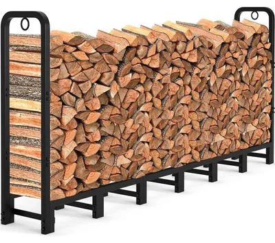 Image de Étagère extérieure pour bois de chauffage, 244 x 122 x 36 cm, en acier noir, supportant des charges lourdes, pour le stockage du bois de chauffage