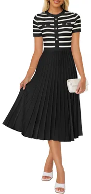 Produktbild von ZESICA Lässiges gestreiftes Midikleid für Damen, Rundhalsausschnitt, Kurze Ärmel