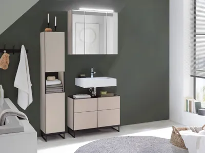 Produktbild von Badezimmer Badmöbel Set 2 VENEZIA kaschmir Hochschrank Spiegelschrank Wbu 80 cm