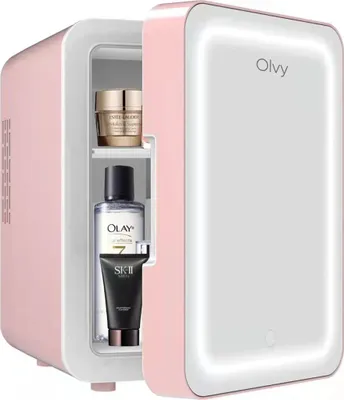 Zdjęcie produktu dla Olvy Lodówka kosmetyczna 4 litry, przenośna mini lodówka z lusterkiem LED, mała lodówka do pielęgnacji skóry, chłodzenie i podgrzewanie w pomieszczeniu, różowa