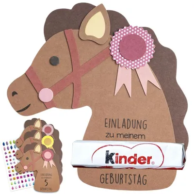 Produktbild von Einladungskarten Kindergeburtstag Bastelset Pferde 2, 15 Stück Kraftpapier mit Strasssteinen