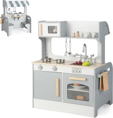 Imagen del producto de Cocina infantil 2 en 1 con accesorios, cocina de juguete con restaurante para cocinar y servir, cocina de madera que incluye grifo, fregadero, hornilla, horno, soporte para toallas y ganchos. Cocina de juguete para niños a partir de 3 años
