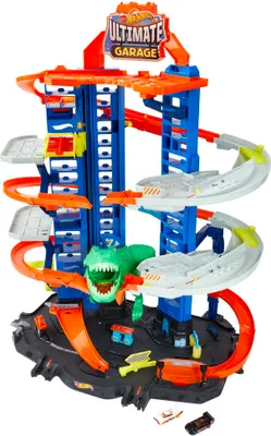 Produktbild von Hot Wheels Megacity Parkgarage T-Rex Angriff, Platz für über 100 Spielzeugautos