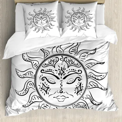 Produktbild von ABAKUHAUS Celestial Sun Bettbezug Set, Moderne Monochrome Artsy von Mystic Sleeping Sun-Abbildung, 155 x 220 cm + 80 x 80 cm, Charcoal Grau Weiß