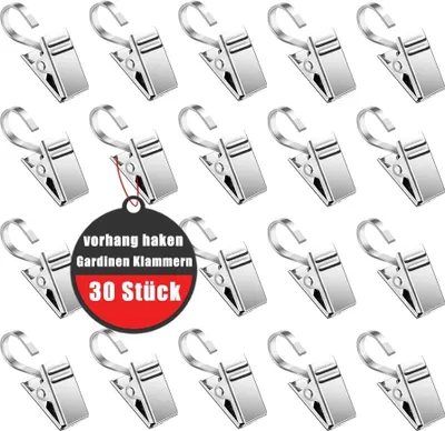 Produktbild von 30 Stück Gardinen Klammern Edelstahl Vorhang Clips Silber Metall klemmhaken für Vorhänge Duschvorhang Fotos Lichterketten