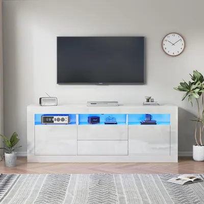 Immagine prodotto di Mobile TV per televisori da 70 pollici, dimensioni 160x35x60 cm, mobile TV bianco con finitura lucida e illuminazione LED, dotato di 3 vani, 2 ante e 2 cassetti