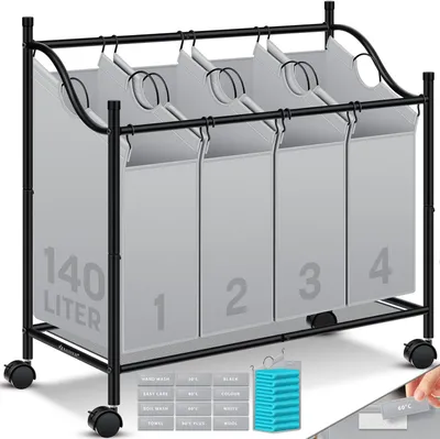 Produktbild von KESSER® Wäschekorb Wäschesammler Wäschesortierer mit abnehmbaren Stofftaschen | Wäschebox mit 12 Waschhinweisen 360° Rollen mit Bremse Wäsche-Sortiersystem Wäschewagen