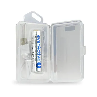 A rechargeable battery and its charging cable are shown in a clear plastic case.