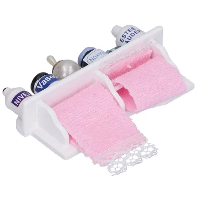 Obrázek produktu pro 1:12 Koupelnové doplňky pro panenky Miniaturní dřevěný věšák na ručníky Láhve dekorace