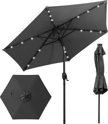 Produktbild von KOMFOTTEU Sonnenschirm 230 cm mit LED-Lichtern, Gartenschirm mit 6 Stangen & Metallkurbel, Marktschirm neigbar für Strand, Hof, Pool