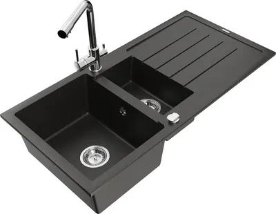 Produktbild von Mexen Andres 1,5-Becken-Granitspüle mit Abtropffläche und Mischbatterie Duero, Schwarz/Gold - 6515-75-671600-00