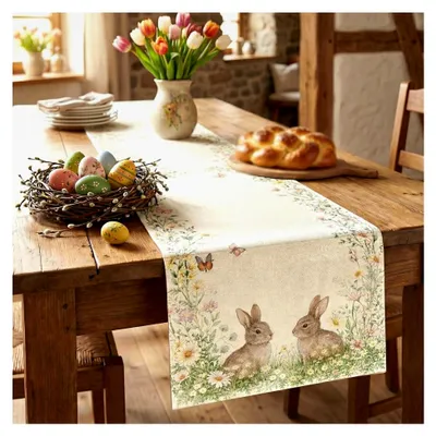Produktbild von Oster Tischläufer mit Hasen und Blumen, waschbare Frühling Tischdekoration für Küche und Esstisch, für drinnen und draußen, 140x40 cm