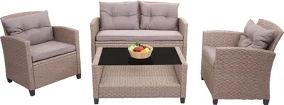 A three-piece poly-rattan outdoor furniture set, including two armchairs and a loveseat with a coffee table, displayed on a white background.