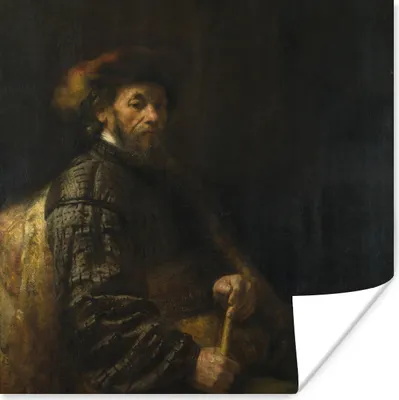 Produktbild von MuchoWow® Poster Sitzender Mann mit Stock - Gemälde von Rembrandt van Rijn 30x30 cm - Wandposter - Printing
