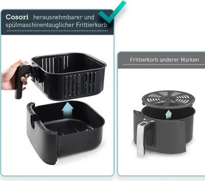 Comparison of air fryer baskets, showing one from Cosori and another from a different brand.
