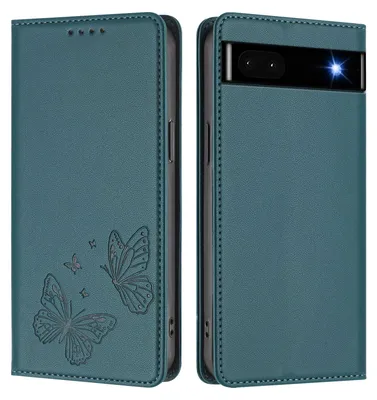 Produktbild von Lederhülle für Google Pixel 6A, Schmetterling Prägung Leder Brieftasche Schutzhülle mit Ständer Grün