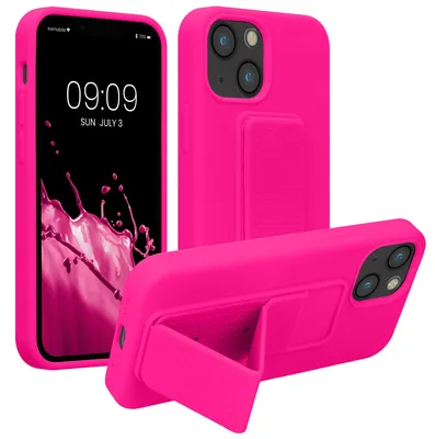 Zdjęcie produktu dla etui na telefon komórkowy kwmobile kompatybilne z Apple iPhone 13 mini - Etui z uchwytem na palec i funkcją podstawki - Silikonowe etui na telefon komórkowy w kolorze neonowego różu