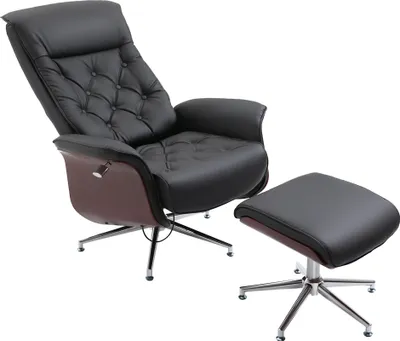 Produktbild von HOMCOM fotel rozkładany z taboretem fotel TV fotel tapicerowany obracany o 360° odchylany o 145° w stylu retro Chesterfield pokryciepoliuretan panele drewniane metalowa podstawa