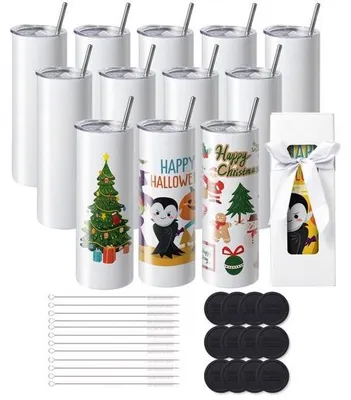Obrázek produktu pro balení 12 kusů - Hrnek s rovnou sublimací, 591,5 ml - Prázdný hrnek - Dvoustěnný hrnek z nerezové oceli s brčkem, víčkem a štětečkem - Podložka - Smršťovací fólie - Dárková krabička - Pro tepelný tisk a tepelný transfer.