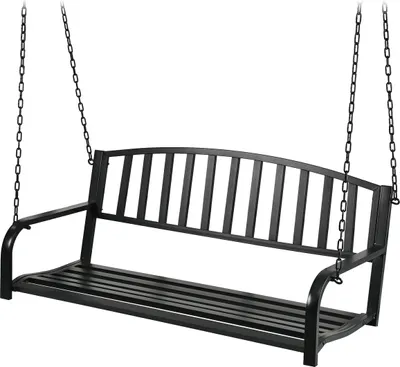 Zdjęcie produktu dla Ławka wisząca Relaxdays, 2-osobowa, stal, żeliwo, wys. x szer. x gł.: 197 x 133 x 58 cm, huśtawka ogrodowa, huśtawka ogrodowa, czarna