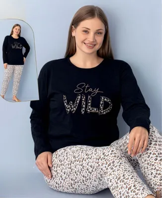 Produktbild von Damen Pyjama Schlafanzug Schwarz XXL Lang  2-Teiler Set L-98