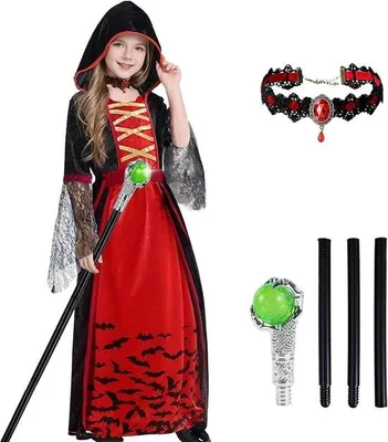 Obrázek produktu pro Kostým upíra pro dívku - Černý - Velikost XL: 12-15 let - Tajemný upírský kostým s kapucí - Vhodný na Halloween a karneval