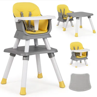 Produktbild von COSTWAY 6-in-1 Babyhochstuhl, Kinderhochstuhl mit Sicherheitsgurt & abnehmbares Tablett, Babystuhl Kombihochstuhl, Gelb