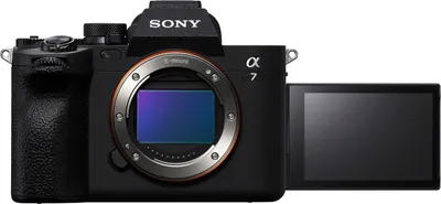 A studio shot of a Sony alpha 7 camera against a white background.