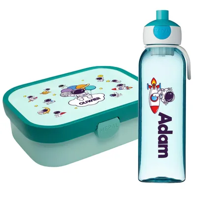 Produktbild von Lunchbox Set für Kinder Jungen zur Schule Personalisiert mit Namen Brotdose Wasserflasche Trinkflasche BPA frei Essen für Unterwegs mit Gabel und Bento Fach To Go Astronaut [153]
