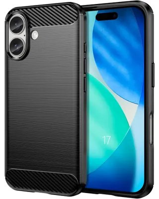 Image de Coque pour iPhone 17, Protection Silicone Souple Noir Elégante Anti-Rayures Effet Fibre Carbone