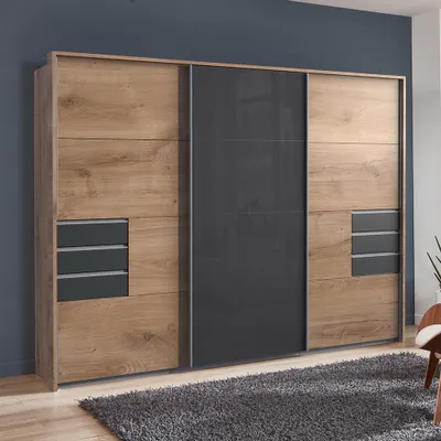 Produktbild von Schwebetürenschrank 3-türig 270cm, inkl. Passepartoutrahmen, Eiche und graphit mit grauem Glas, STRATFORD-43