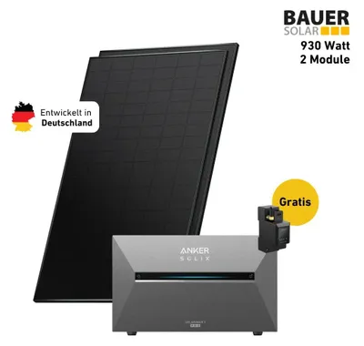 Produktbild von 900 Watt, Bifazial Komplettset, Balkonkraftwerk, Anker SOLIX Solarbank 3 E2700 Pro, 4 x BP2700 Zusatzbatterien, Anker SOLIX Anschlusskabel 15 m