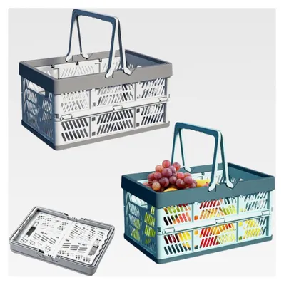 Produktbild von 2 Stück Faltbare Korb, Kleine Klappbox aus Kunststoff mit Henkel, Faltbarer Einkaufskorb, Geeignet für die Aufbewahrung zu Hause, für Snacks, beim Camping, im Badezimmer (Blau+Weiß)