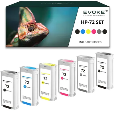Immagine prodotto di Inchiostri compatibili per stampanti HP 72, confezione da 6: ciano, magenta, giallo, nero fotografico, nero opaco, grigio, capacità 780 ml. Compatibili con i modelli DesignJet T610, T620, T770, T790, T795, T1100, T1120, T1200, T1300, T2300
