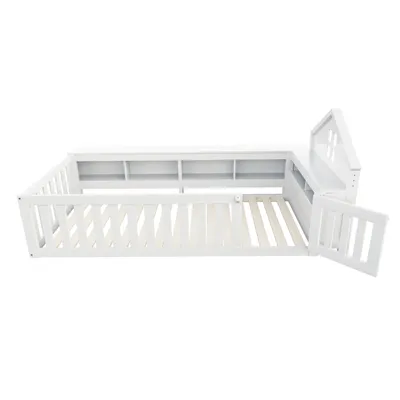 Produktbild von Flieks Kinderbett Hausbett 90x200cm mit Tür und Fenster, Bodenbett Spielbett mit Stauraum, Einzelbett Holzbett mit Lattenrost und Rausfallschutz, Weiß