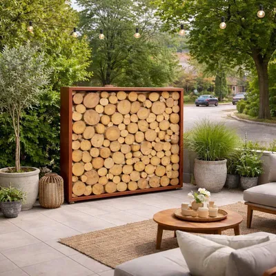Produktbild von Cortenstahl Sichtschutzwand Brennholzregal 150x150x38 cm Rost Holzlager Edelrost