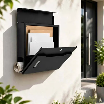 Briefkasten mit Zeitungsfach, abschließbar, 37x37x11 cm, schwarz