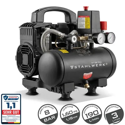 Produktbild von STAHLWERK Kompressor mit 3 L Tank (ST-38 Pro) – ölfrei & leise, 8 bar, Silent-Druckluftkompressor mit Brushless-Motoren, 1,60 PS, 1,18 kW, 190 l/min