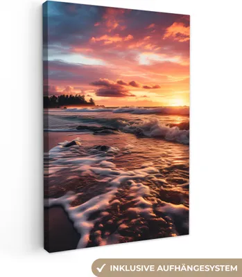 Produktbild von MuchoWow® - Leinwandbilder - Sonnenuntergang - Strand mit Palmen - Meer, Wandbild, Wanddeko Bilder Wohnzimmer, 80x120 cm