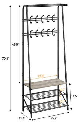 Image de Portemanteau - Portemanteau d'entrée avec banc à chaussures - 4-en-1 - Étagère à 3 niveaux - 10 crochets - Structure métallique - Gris