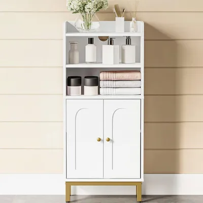 Produktbild von Badezimmerschrank, Badschrank, Küchenschrank mit 2 offenen Fächern, 2 Türen, 2 verstellbaren Einlegeböden, Freistehender Badezimmer, 20 × 37 × 83 cm, Weiß