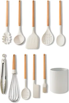 Produktbild von 10 tlg Küchenutensilien Set Silikon Kochbesteck Kochgeschirr Küchenhelfer Kochzubehör BBQ Tool Küchengerät mit Aufbewahrungsfass, Weiss