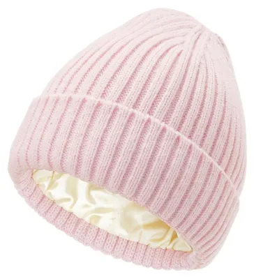 Obrázok produktu pre Pletená čiapka s saténovou podšívkou, vhodná pre dámy aj pánov, zimná čiapka typu "beanie", mäkká a teplá, ružová farba