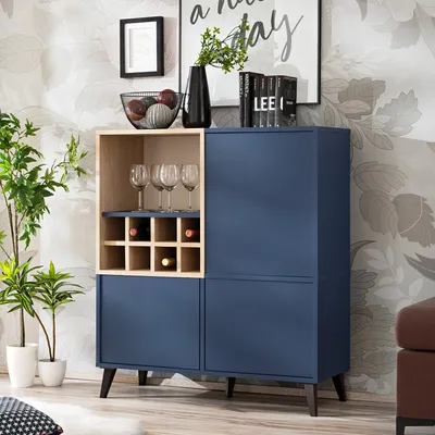 Produktbild von komodee Fondi Sideboard Küchenschrank, Aufbewahrungsschrank, Weinschrank mit 3 Türen, für Wohnzimmer, Küche, Esszimmer, Skandinavisch, Blau, Helles Holz, 173x35x46 cm